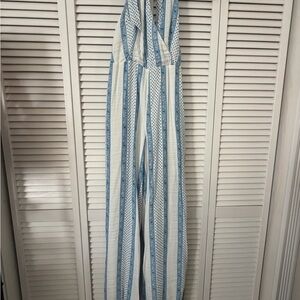Striped V-Neck Wide Leg Jumpsuit - Blue and White